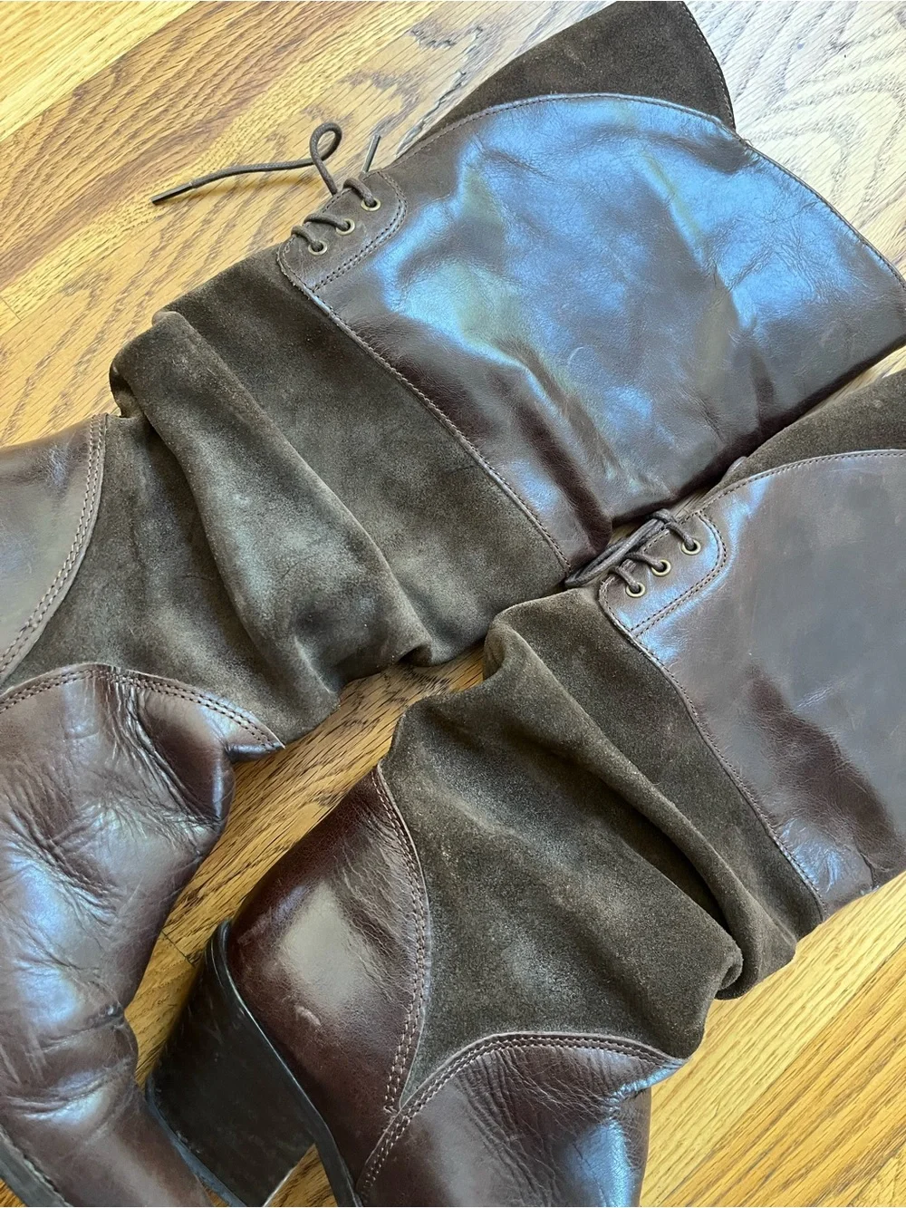 Y2K Felmini Brown Leather Suede Slouch Boots Lace Back Pointy Toe US 6.5 or 7
